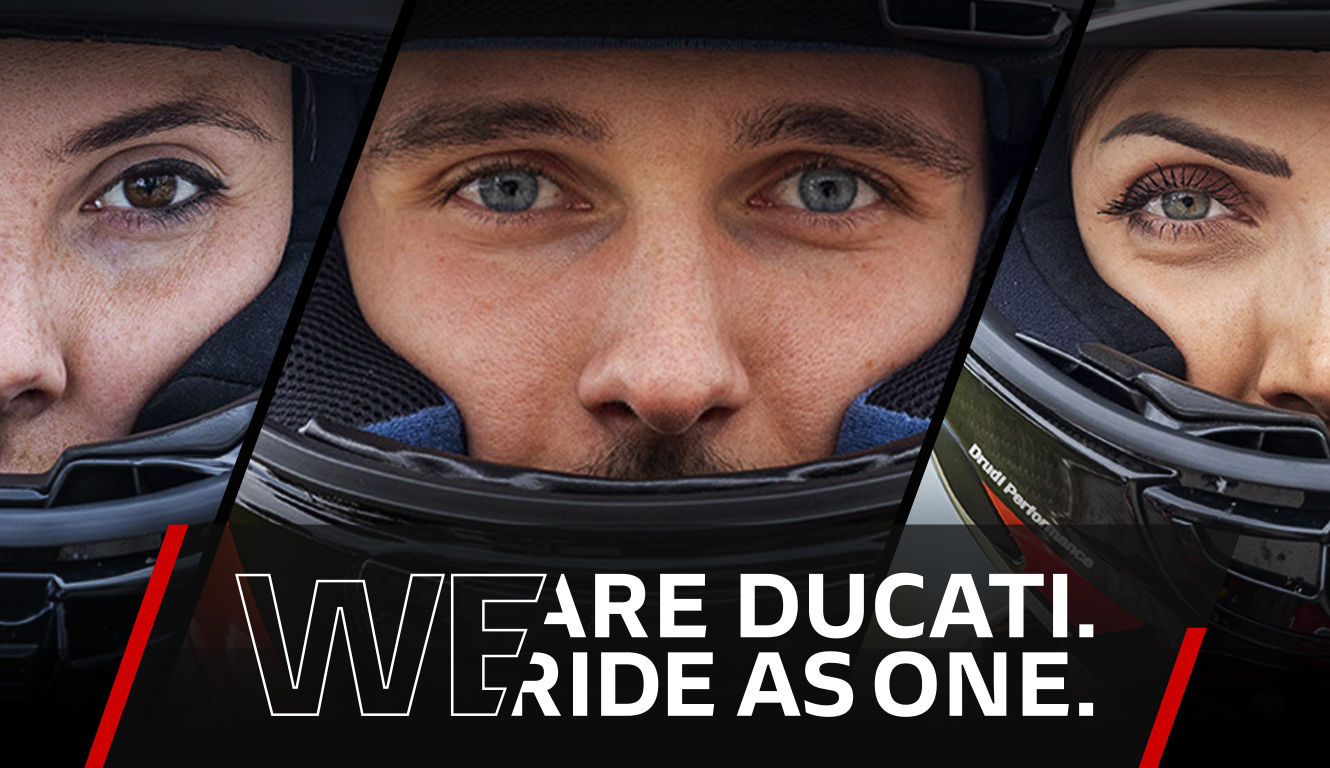Close up image of three people's faces with helmets on, with the title 'We are Ducati'