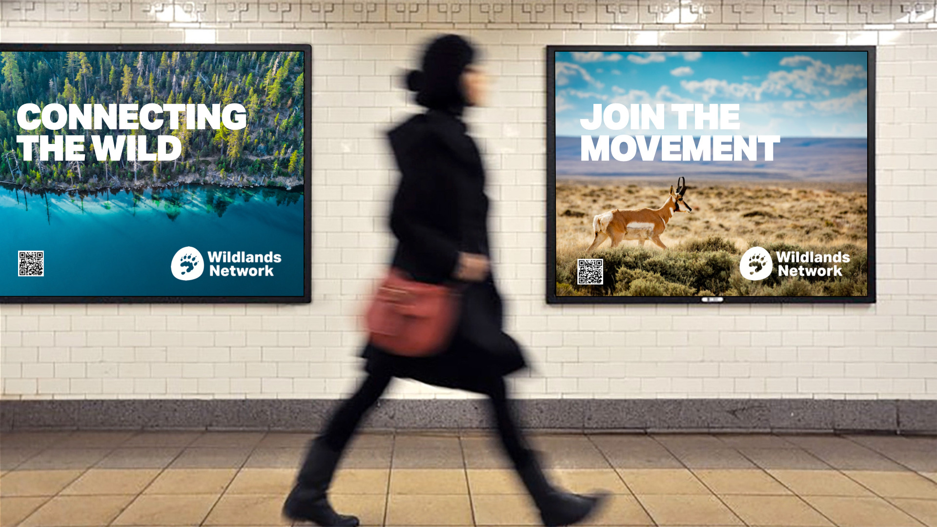Underground billboards featuring the refined Wildlands Network logo, alongside Aktiv Grotesk