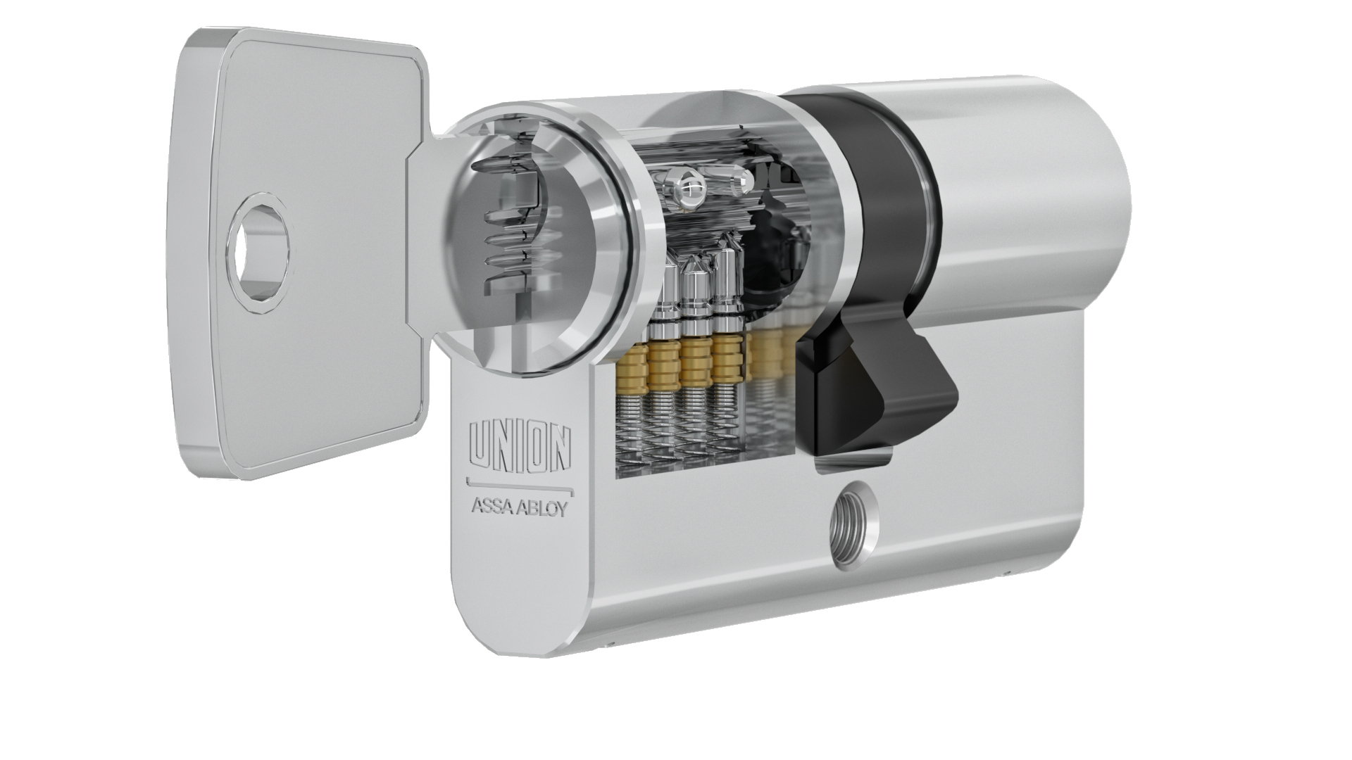 The Union logo prominently featured on a 3D model of a cylinder lock