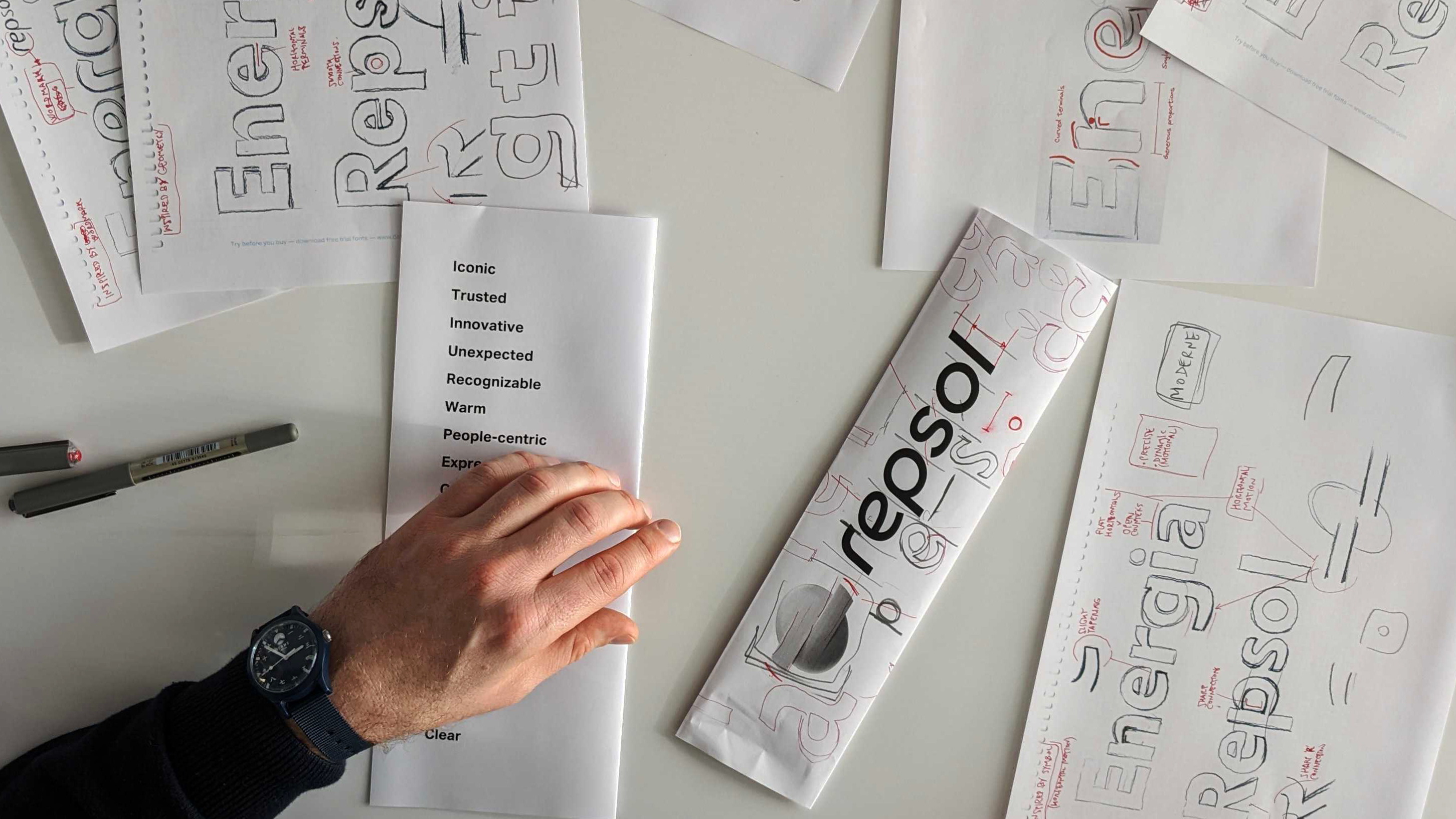 Test print of Repsol Logo font, marked up