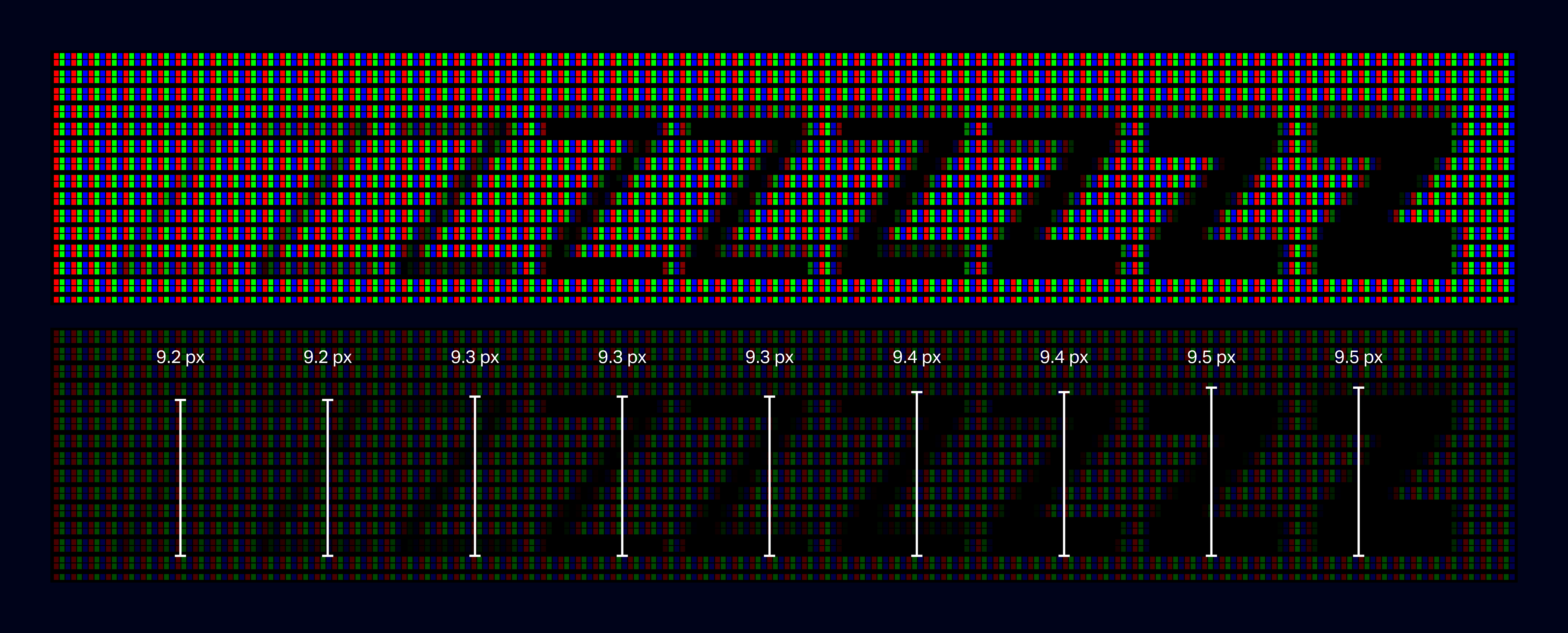 Magnification of an LCD monitor showing inconsistent, fractional heights without PixelFix